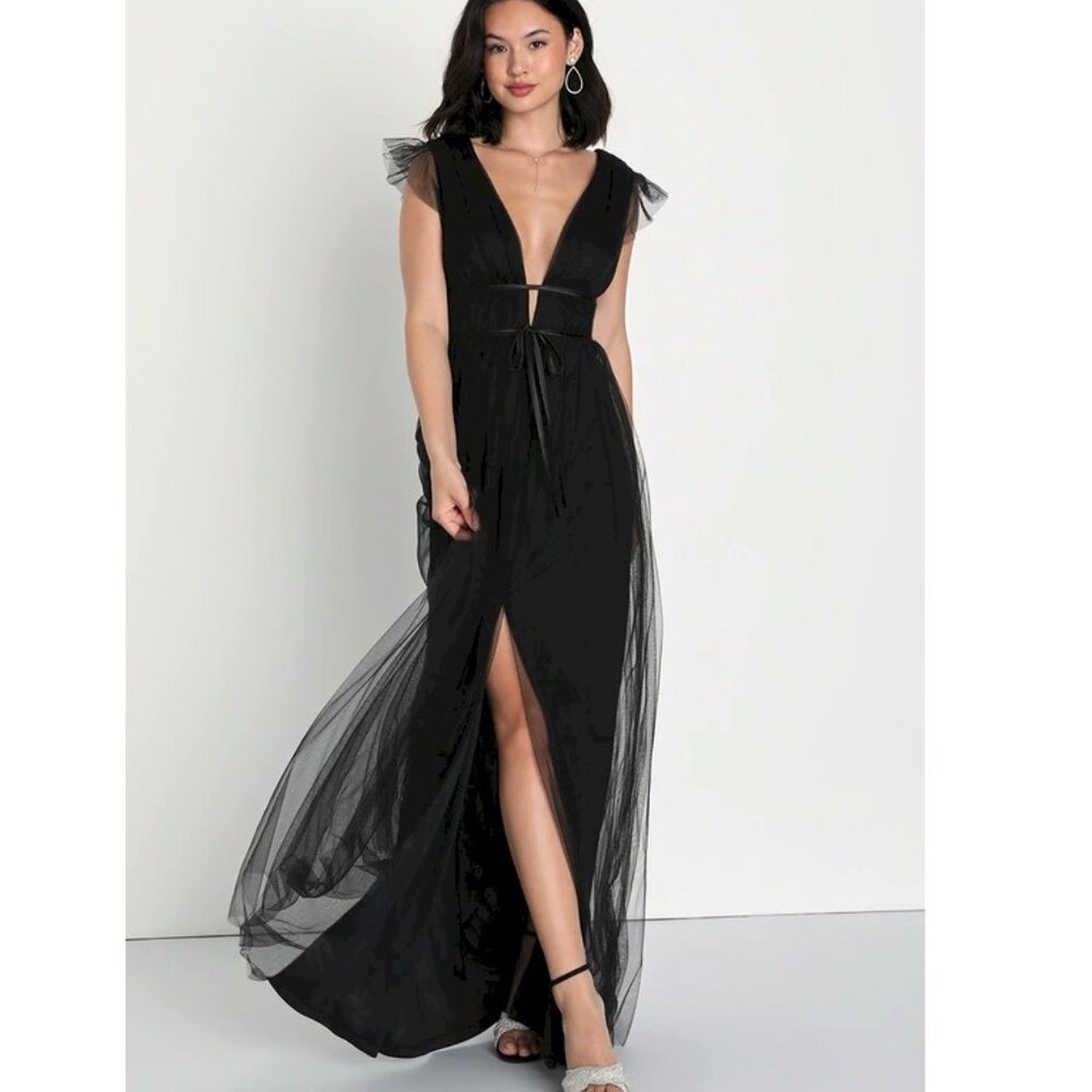 Lulus I'm All Yours Black Tulle Ruffled Maxi Dress Size Large NWOT